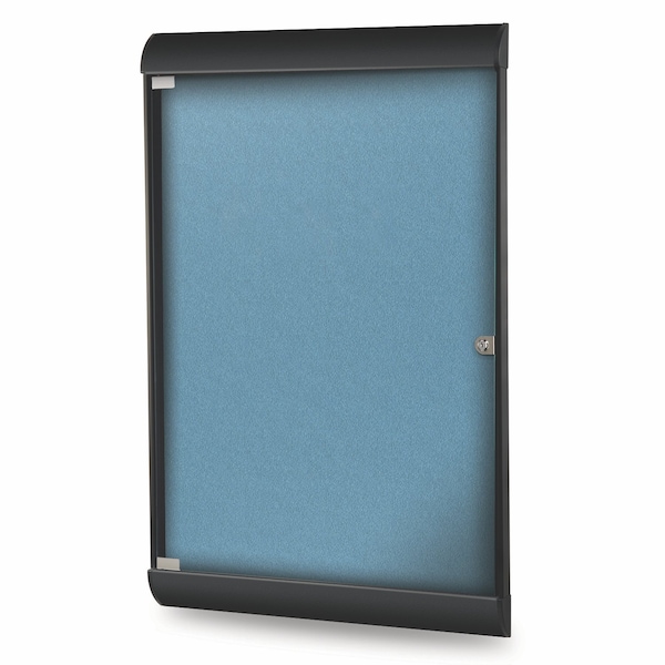 Enclosed Bulletin Board, 1 Door, Vinyl, Black Frame, 4 ft H x 2 ft W, Ocean